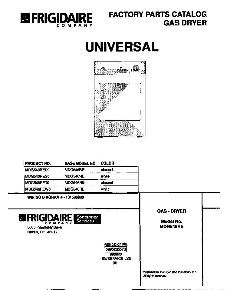 COVER Diagram and Parts List for MDG546RED0  Frigidaire Dryer