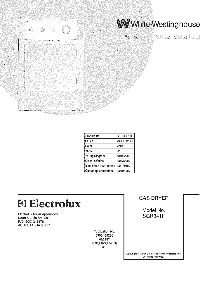 COVER Diagram and Parts List for SGR341FC0  Westinghouse Dryer