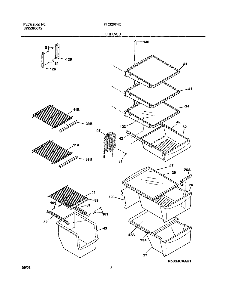SHELVES Diagram and Parts List for FRS26F4CB1  Frigidaire Refrigerator