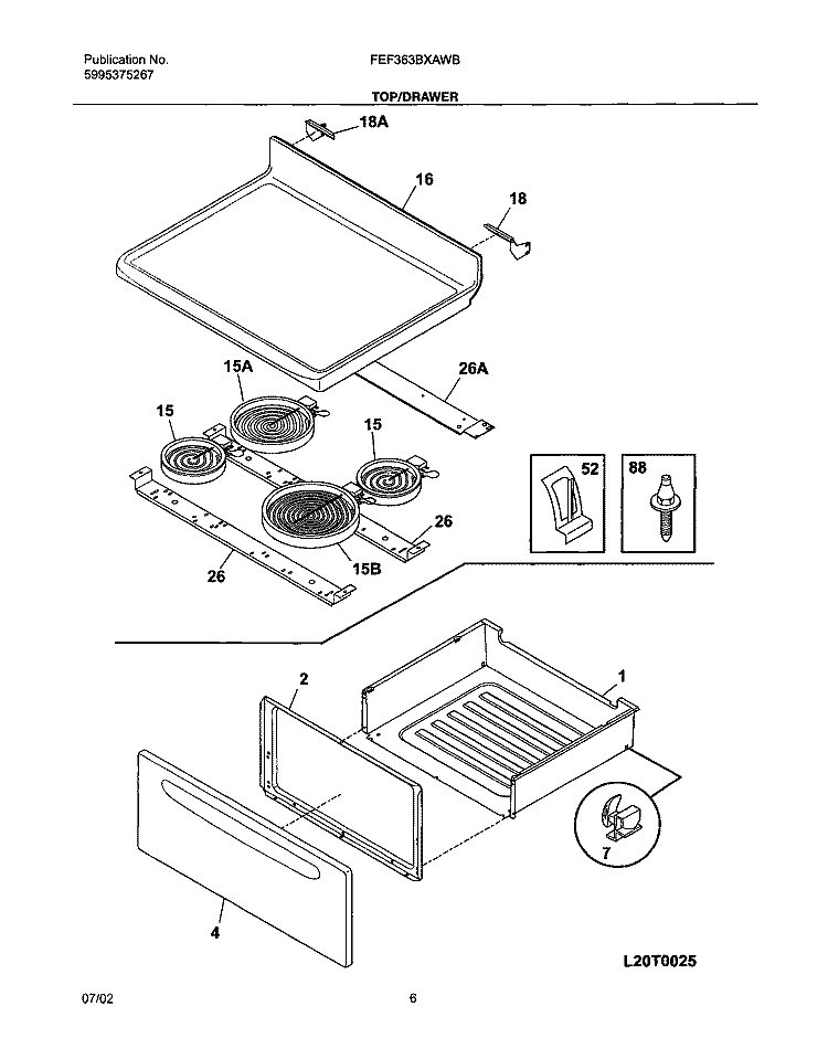TOP / DRAWER Diagram and Parts List for FEF363BXAWB  Frigidaire Range
