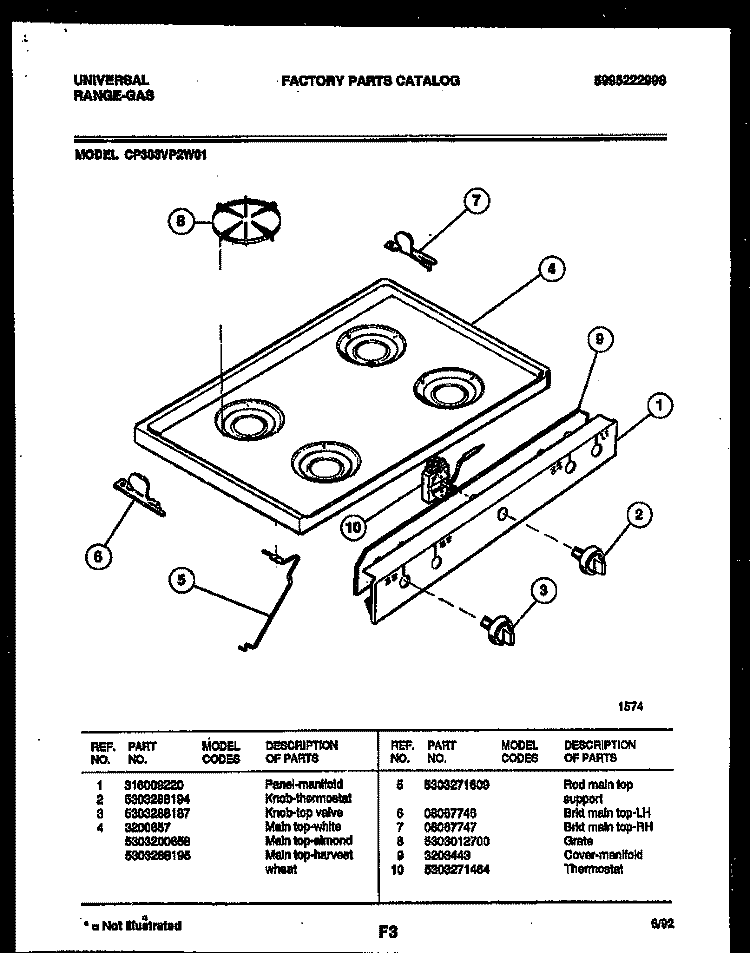 COOKTOP PARTS Diagram and Parts List for CP303VP2W01  Uni Range