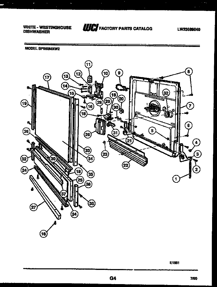 DOOR PARTS Diagram and Parts List for SP560MXF2  Frigidaire Dishwasher