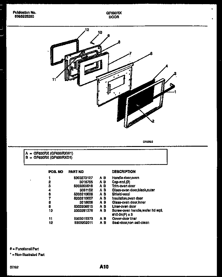 DOOR PARTS Diagram and Parts List for GF630RXW1  Frigidaire Range