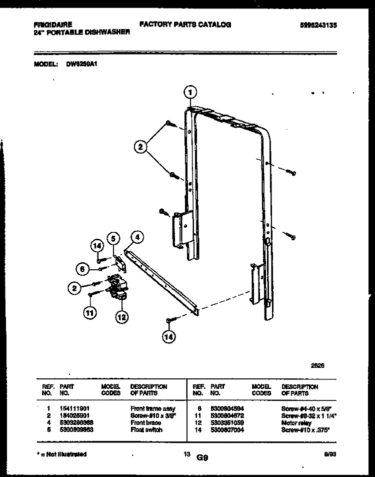 MOTOR AND FRONT FRAME ASSEMBLY Diagram and Parts List for DW6250A1  Frigidaire Dishwasher