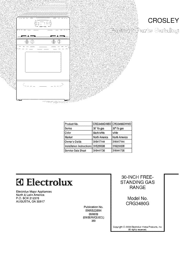 COVER Diagram and Parts List for CRG3480GWWD  Crosley Range