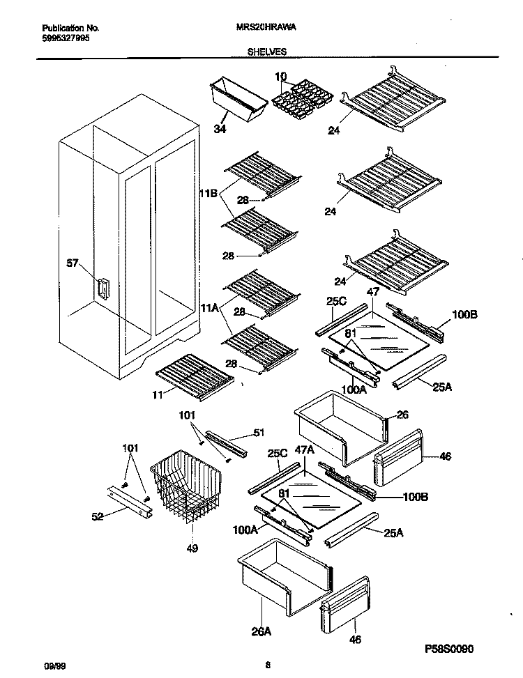 SHELVES Diagram and Parts List for MRS20HRAWA  Frigidaire Refrigerator