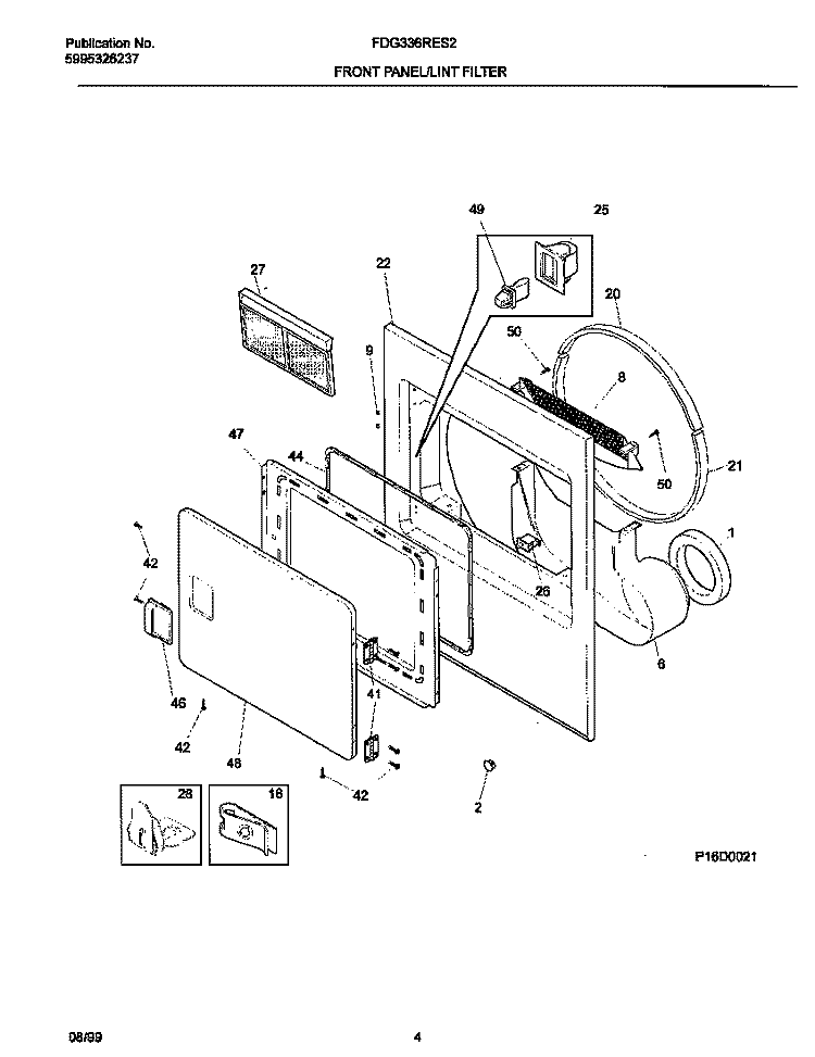 P16D0021 FRNT PNL, DOOR Diagram and Parts List for FDG336RES2  Frigidaire Dryer