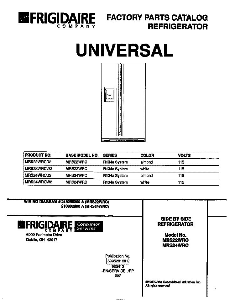 COVER Diagram and Parts List for MRS22WRCD2  Frigidaire Refrigerator