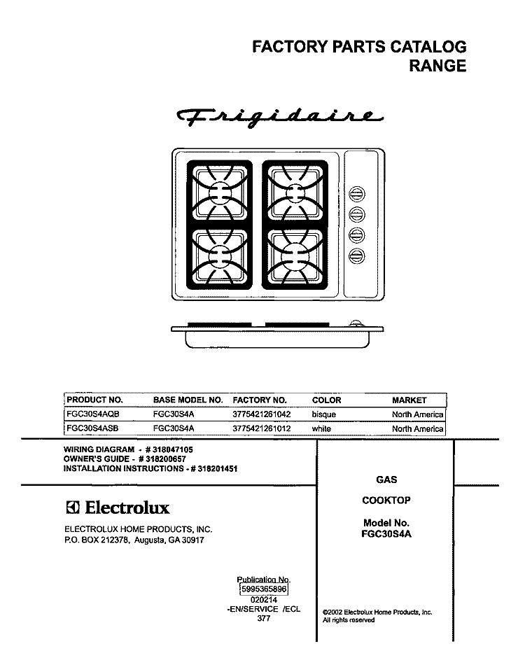 COVER Diagram and Parts List for FGC30S4AQB  Frigidaire Cooktop