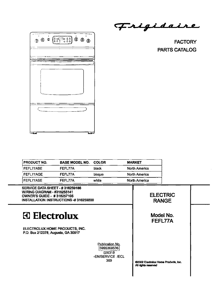 COVER Diagram and Parts List for FEFL77ABE  Frigidaire Range