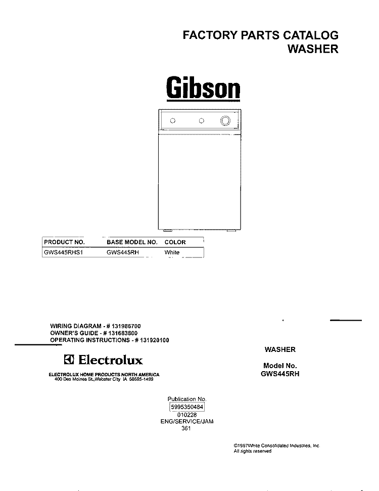COVER Diagram and Parts List for GWS445RHS1  Gibson Washer