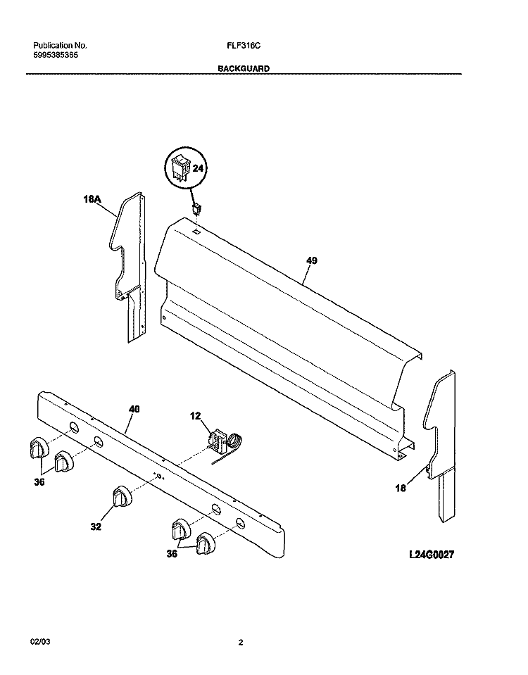 BACKGUARD Diagram and Parts List for FLF316CSA  Frigidaire Range