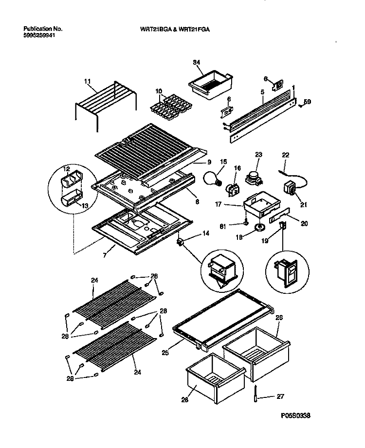 SHELVES / CONTROLS / DIVIDER / MULLION Diagram and Parts List for WRT21FGAZ2  Frigidaire Refrigerator
