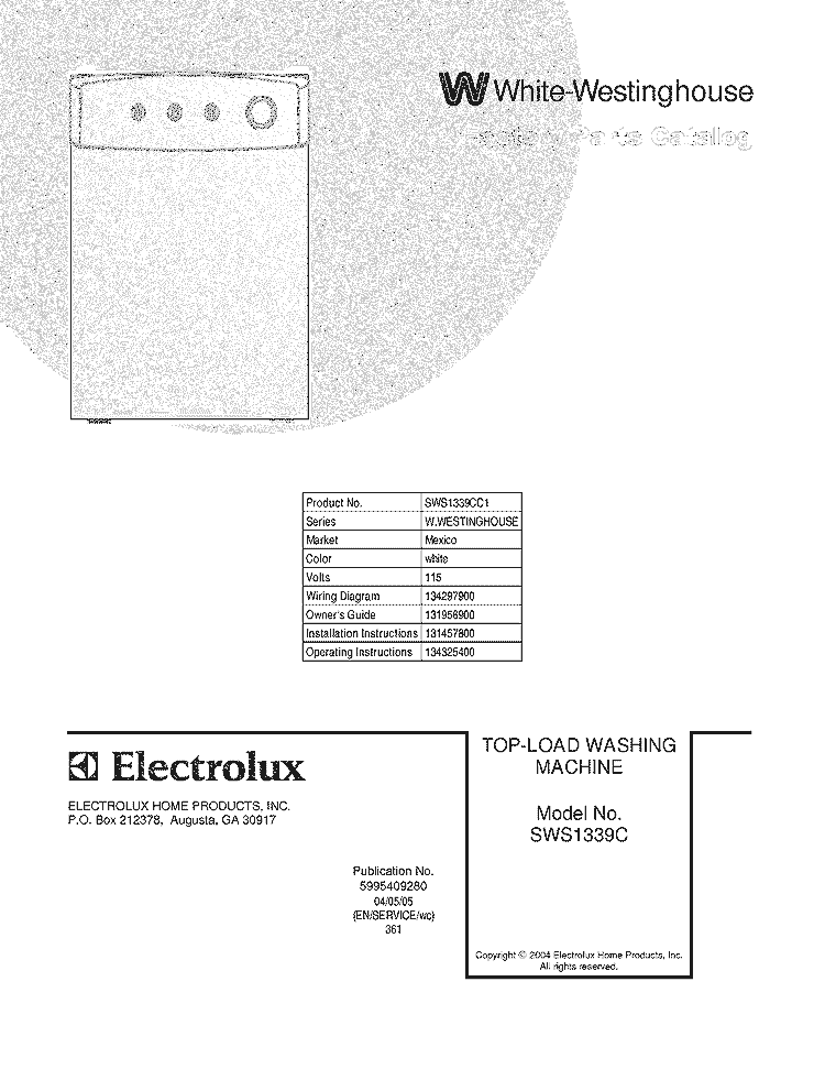 COVER Diagram and Parts List for SWS1339CC1  Westinghouse Washer