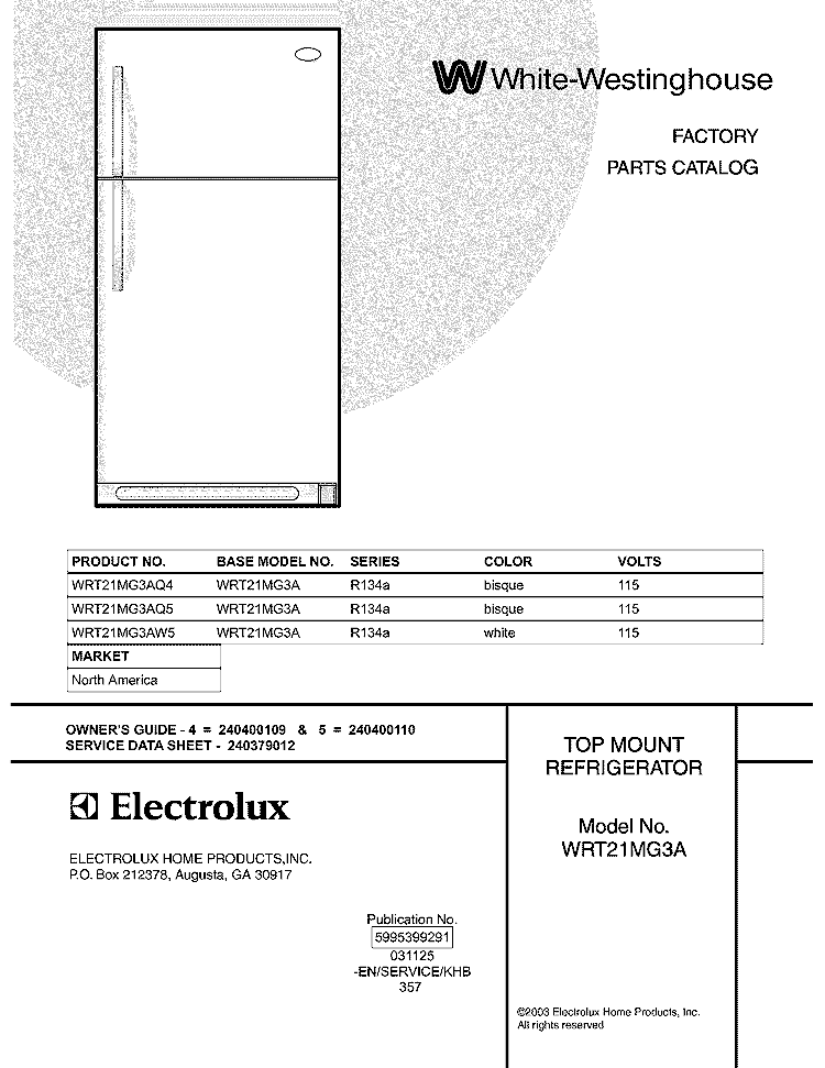 COVER Diagram and Parts List for WRT21MG3AQ4  Westinghouse Refrigerator