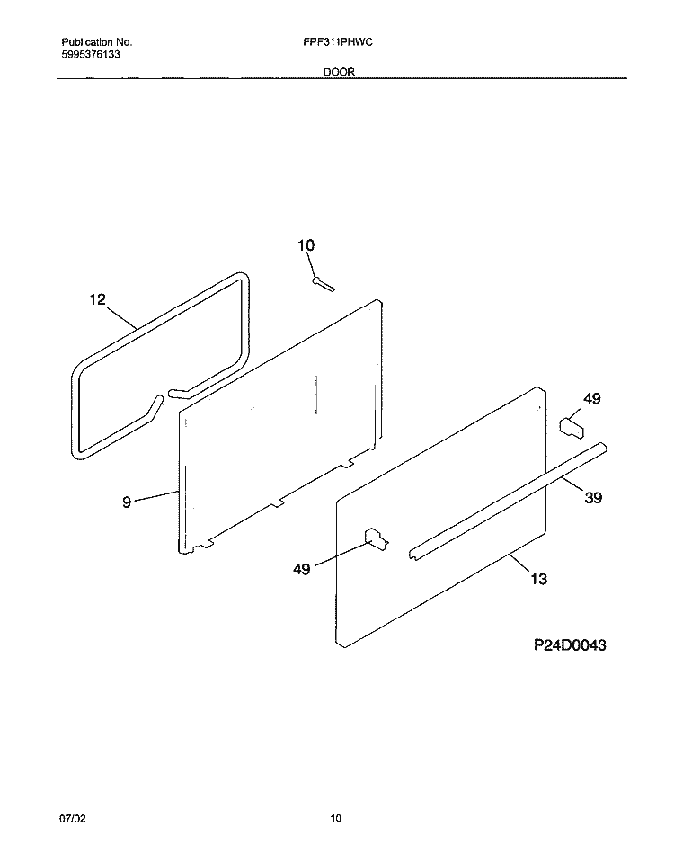 DOOR Diagram and Parts List for FPF311PHWC  Frigidaire Range