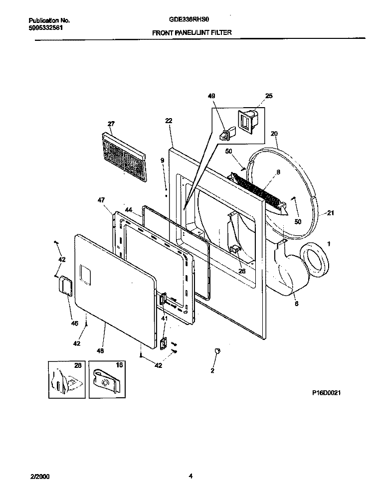 P16D0021 FRNT PNL, DOOR Diagram and Parts List for GDE336RHS0  Gibson Dryer