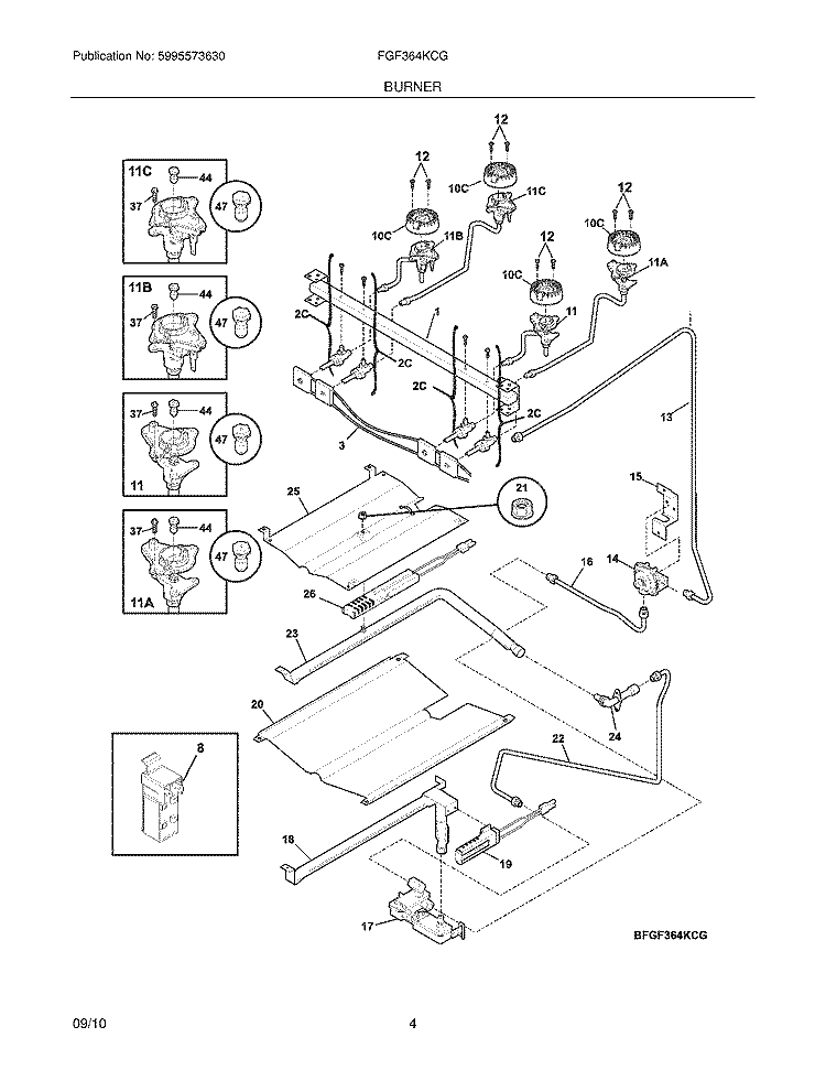 BURNER Diagram and Parts List for FGF364KCG  Frigidaire Range