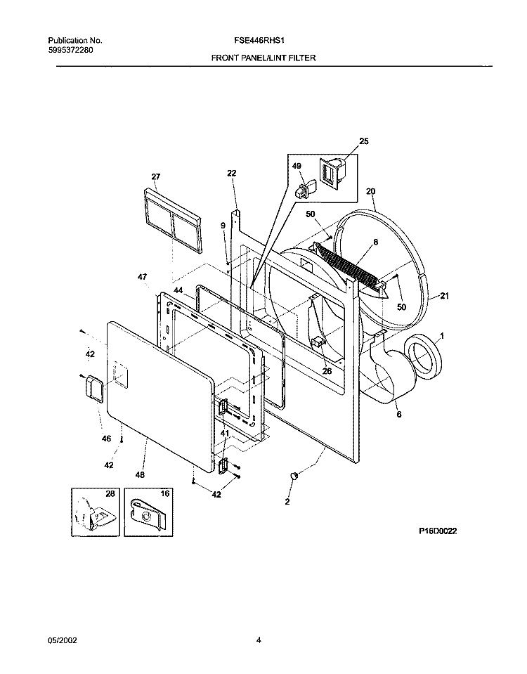 FRNT PNL, DOOR Diagram and Parts List for FSE446RHS1  Frigidaire Dryer