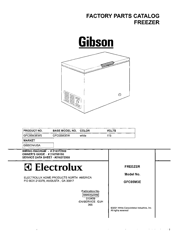 COVER Diagram and Parts List for GFC05M3EW5  Gibson Freezer