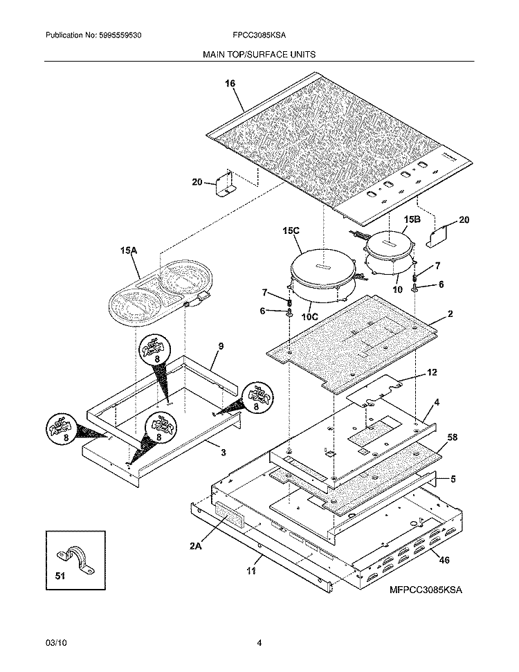 MAINTOP/SURFACE UNITS Diagram and Parts List for FPCC3085KSA  Frigidaire Cooktop