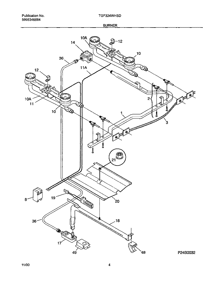 BURNER Diagram and Parts List for TGF324WHSD  Tappan Range