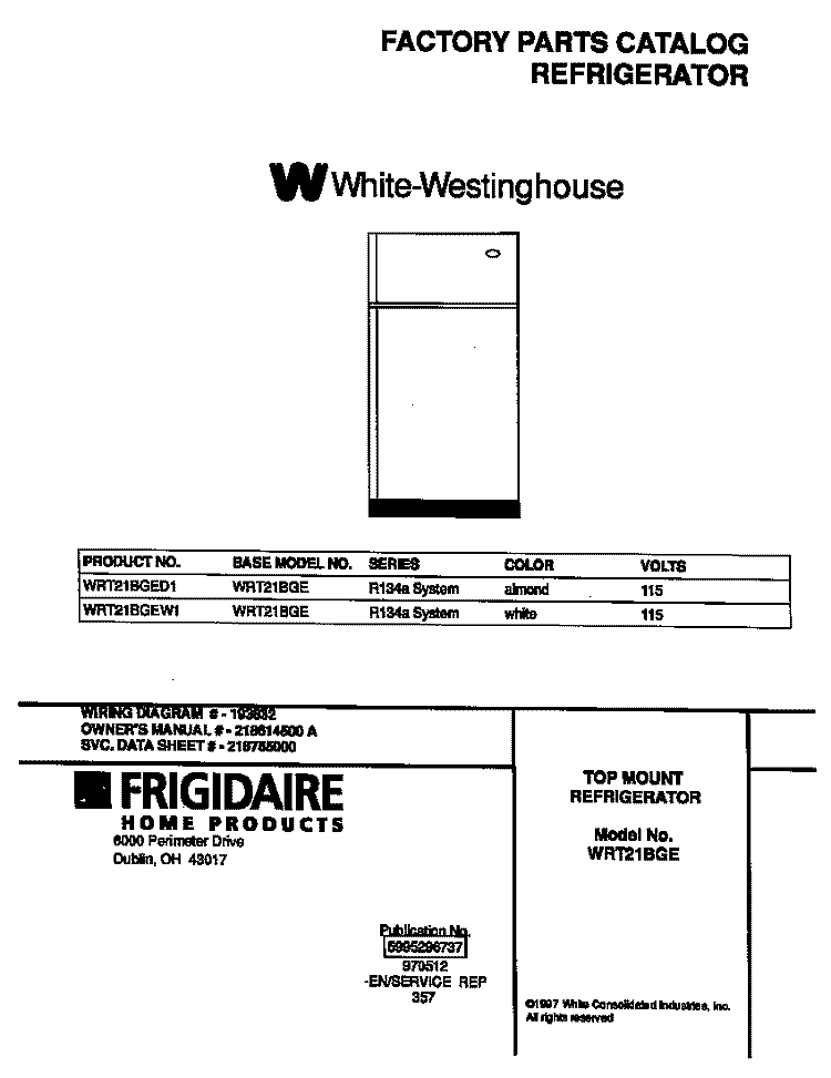 COVER Diagram and Parts List for WRT21BGEW1  Frigidaire Refrigerator