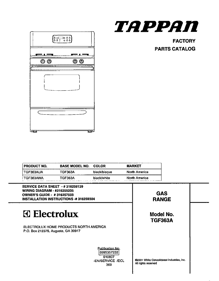 COVER Diagram and Parts List for TGF363AUA  Tappan Range