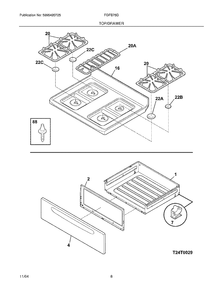 TOP / DRAWER Diagram and Parts List for FGFB75DQA  Frigidaire Range