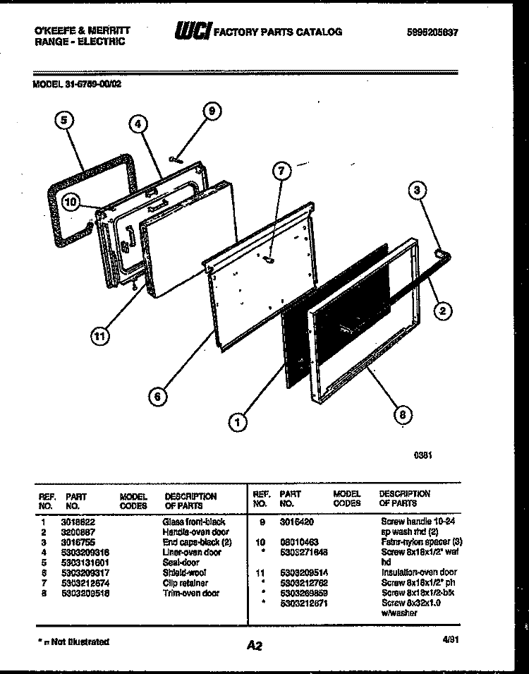 DOOR PARTS Diagram and Parts List for 31-6759-23-02  Tappan Range