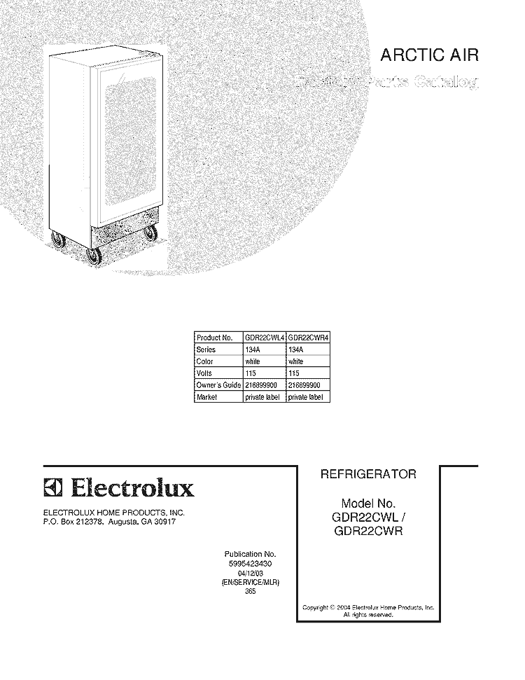 COVER Diagram and Parts List for GDR22CWR4  Frigidaire Refrigerator