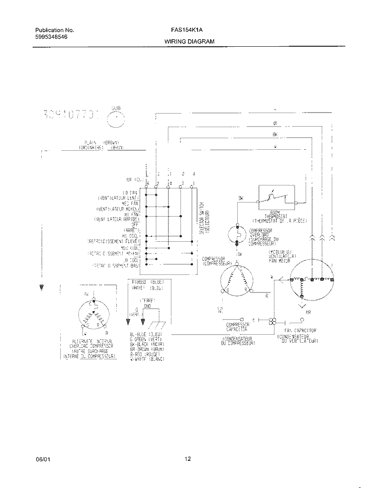 WIRING DIAGRAM Diagram and Parts List for FAS154K1A1  Frigidaire Air Conditioner