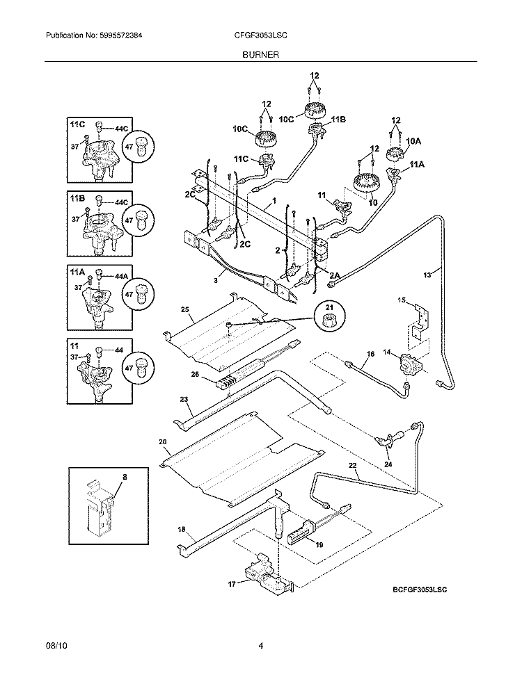 BURNER Diagram and Parts List for CFGF3053LSC  Frigidaire Range