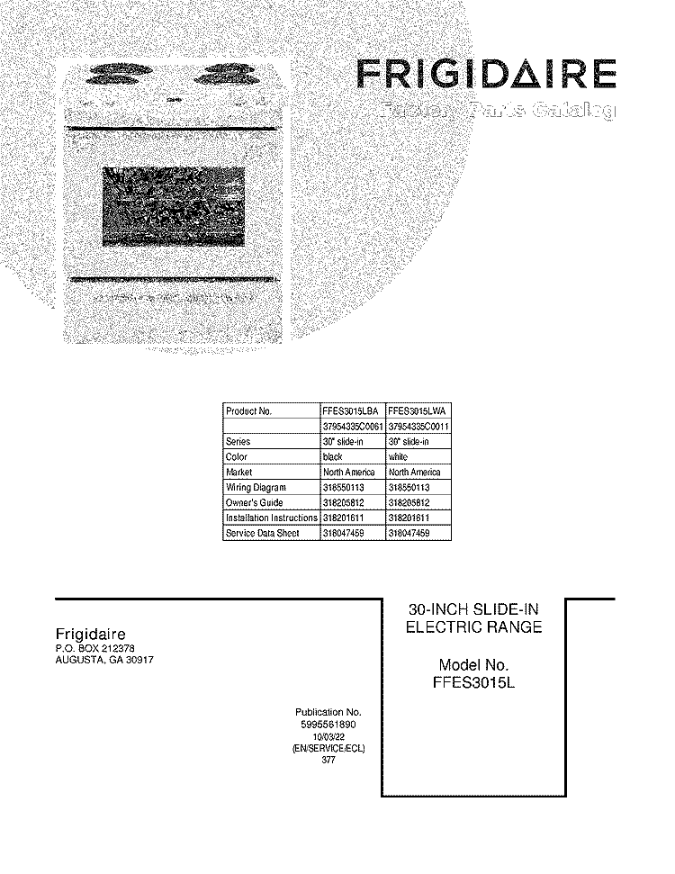 COVER Diagram and Parts List for FFES3015LWA  Frigidaire Range