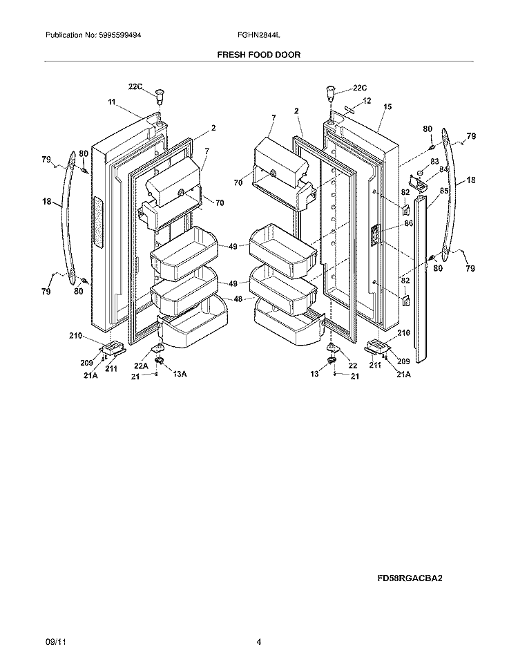 FRESH FOOD DOORS Diagram and Parts List for FGHN2844LE4  Frigidaire Refrigerator
