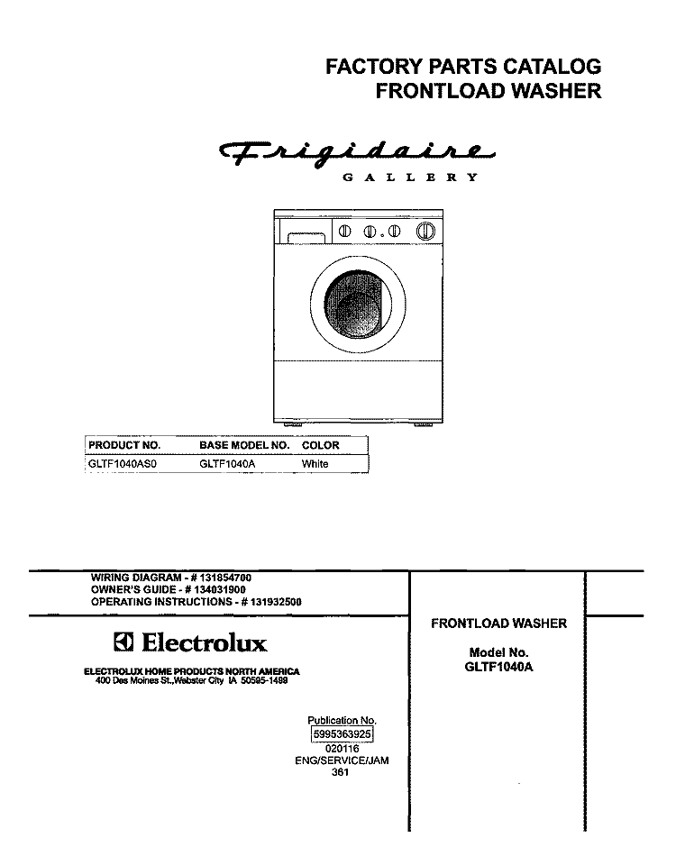 COVER Diagram and Parts List for GLTF1040AS0  Frigidaire Washer