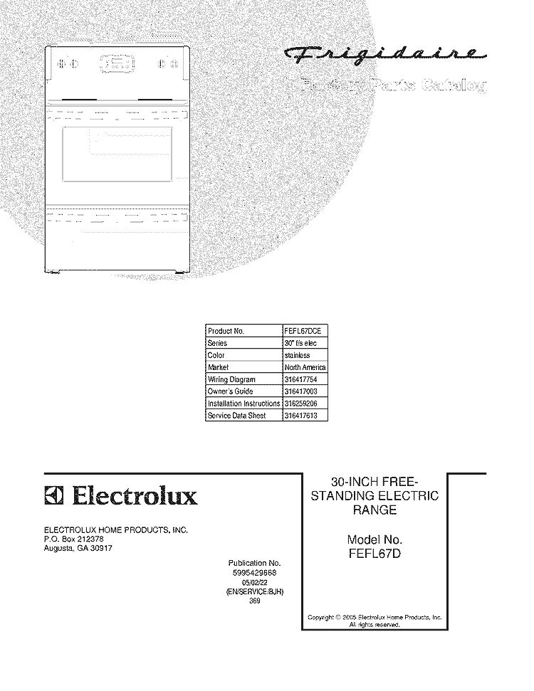 COVER Diagram and Parts List for FEFL67DCE  Frigidaire Range