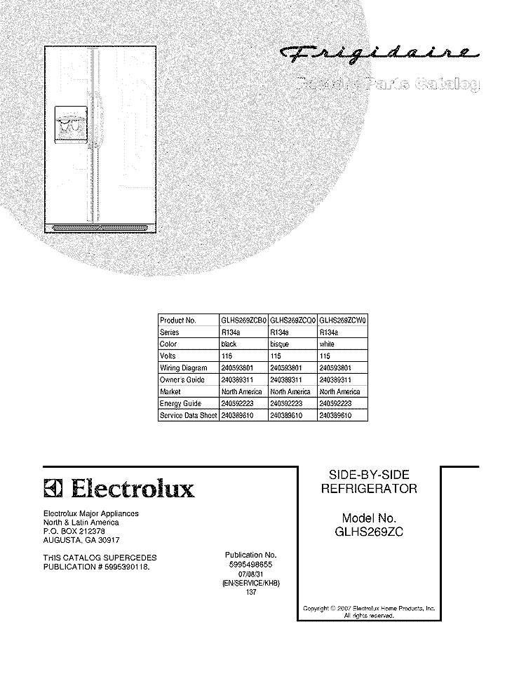 COVER Diagram and Parts List for GLHS269ZCW0  Frigidaire Refrigerator