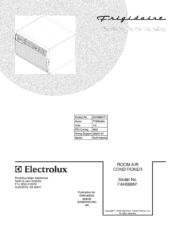 COVER Diagram and Parts List for FAH086N1T1  Frigidaire Air Conditioner