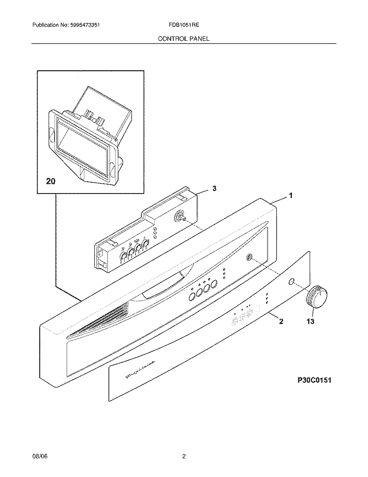CONTROL PANEL Diagram and Parts List for FDB1051REM2  Frigidaire Dishwasher