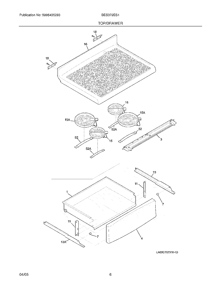 TOP / DRAWER Diagram and Parts List for BES372ES1  Crosley Range