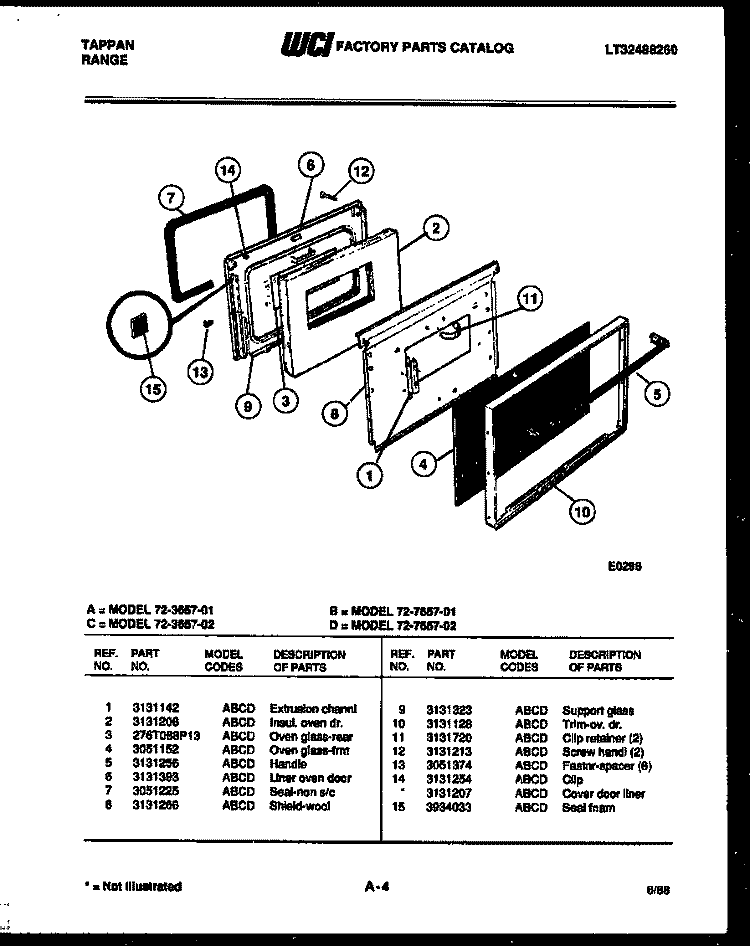 LOWER OVEN DOOR PARTS Diagram and Parts List for 72-3657-23-02  Tappan Range