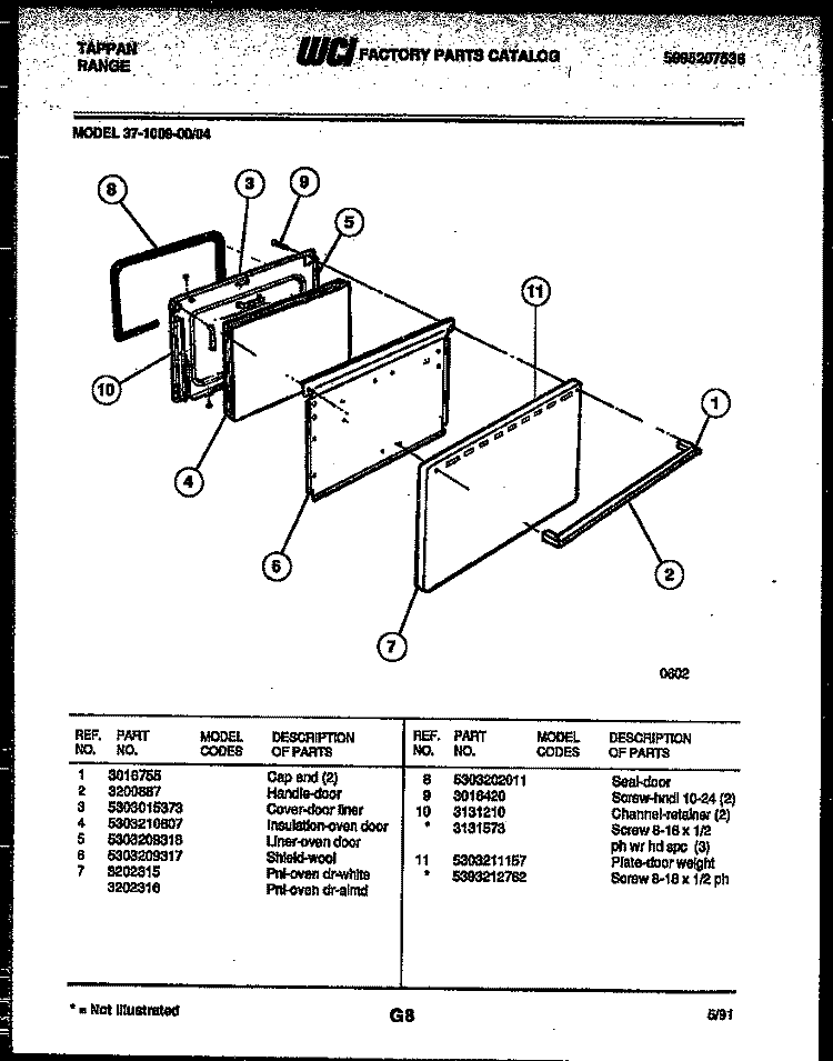 DOOR PARTS Diagram and Parts List for 37-1009-00-04  Tappan Range