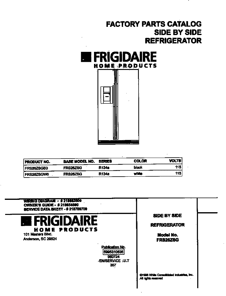 COVER Diagram and Parts List for FRS26ZSGB0  Frigidaire Refrigerator