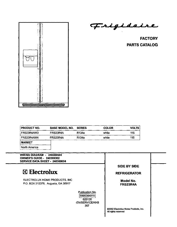COVER Diagram and Parts List for FRS23R4AW3  Frigidaire Refrigerator