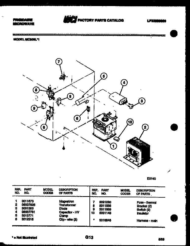 POWER CONTROL Diagram and Parts List for MC850L1  Frigidaire Microwave