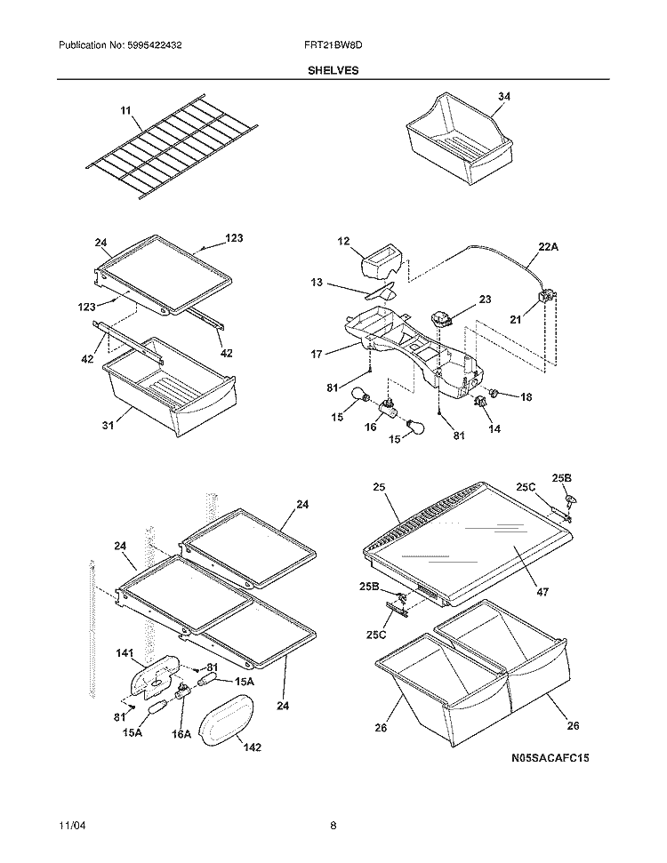 SHELVES Diagram and Parts List for FRT21BW8DB0  Frigidaire Refrigerator