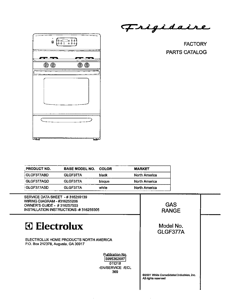 COVER Diagram and Parts List for GLGF377AQD  Frigidaire Range