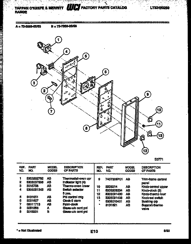CONTROL PANEL Diagram and Parts List for 72-3989-00-03  Tappan Range