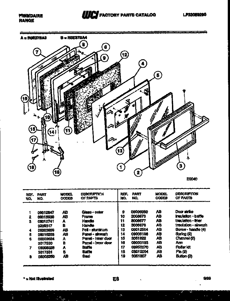 DOOR PARTS Diagram and Parts List for RSE37BAL3  Frigidaire Range